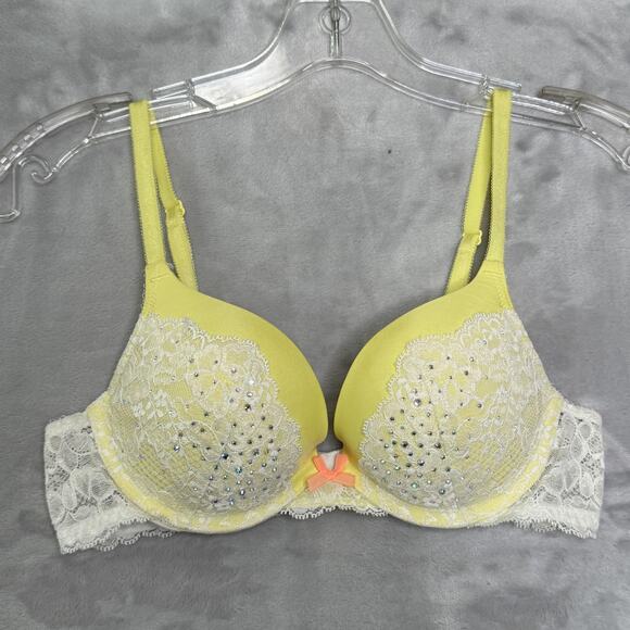 Victorias Secret Bra Womens 34B Dream Angels Push Up Lace Rhinestone Yellow - Picture 1 of 9